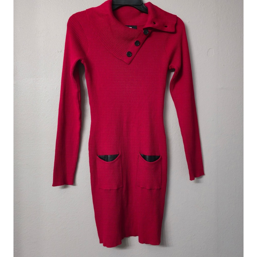 IZ Byer Red Ribbed Knit Long Sleeve Button Shawl Collar Sweater Dress Medium